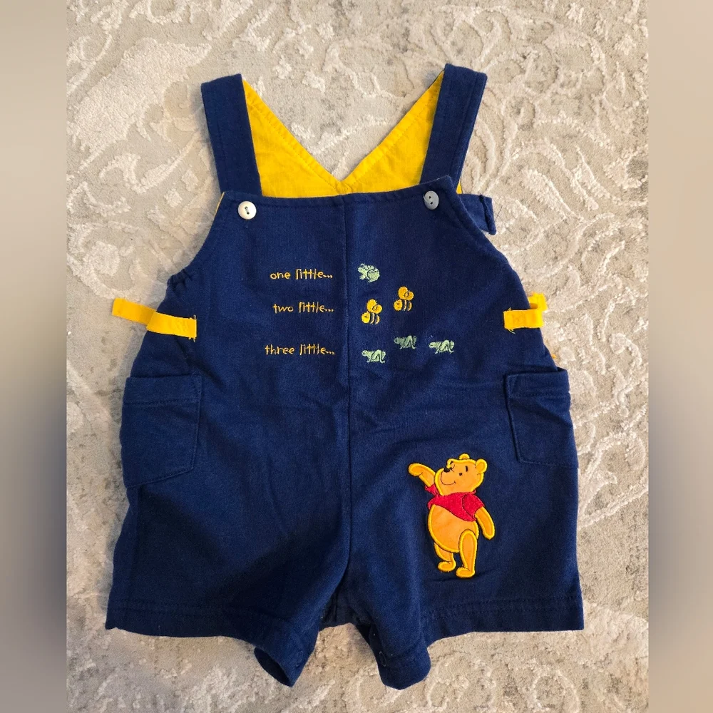 Vintage Y2k 3 Little Fish Disney Blue Winnie the Pooh Overalls And Shirt 2pc Set